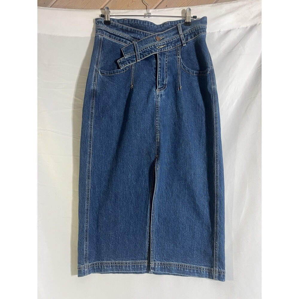 Anthro Pilcro Woman's 8 Denim Skirt Button Front Midi Med Wash Double Waist